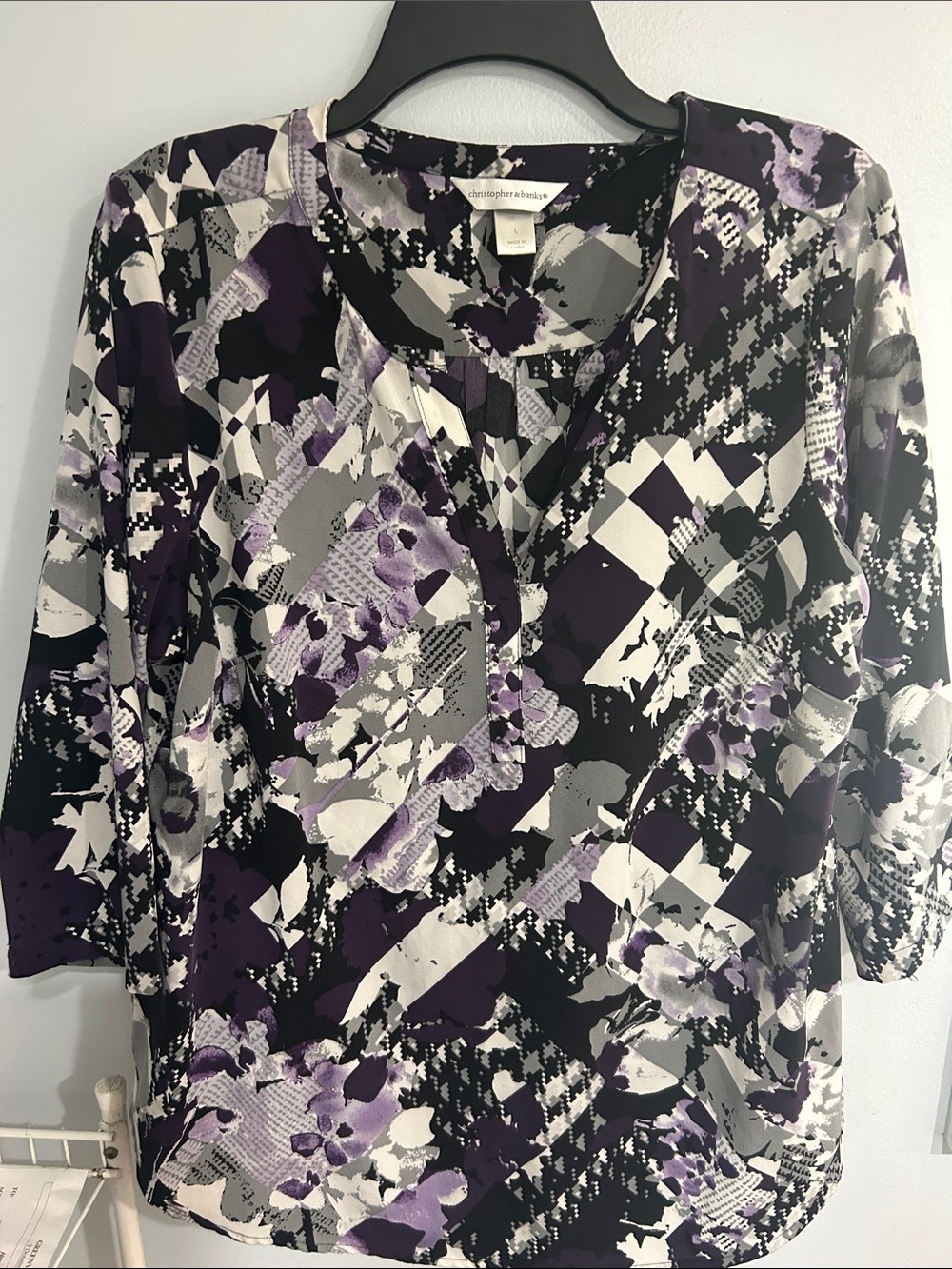 Christopher & Banks Purple Gray Black & White Abstract Floral Tunic